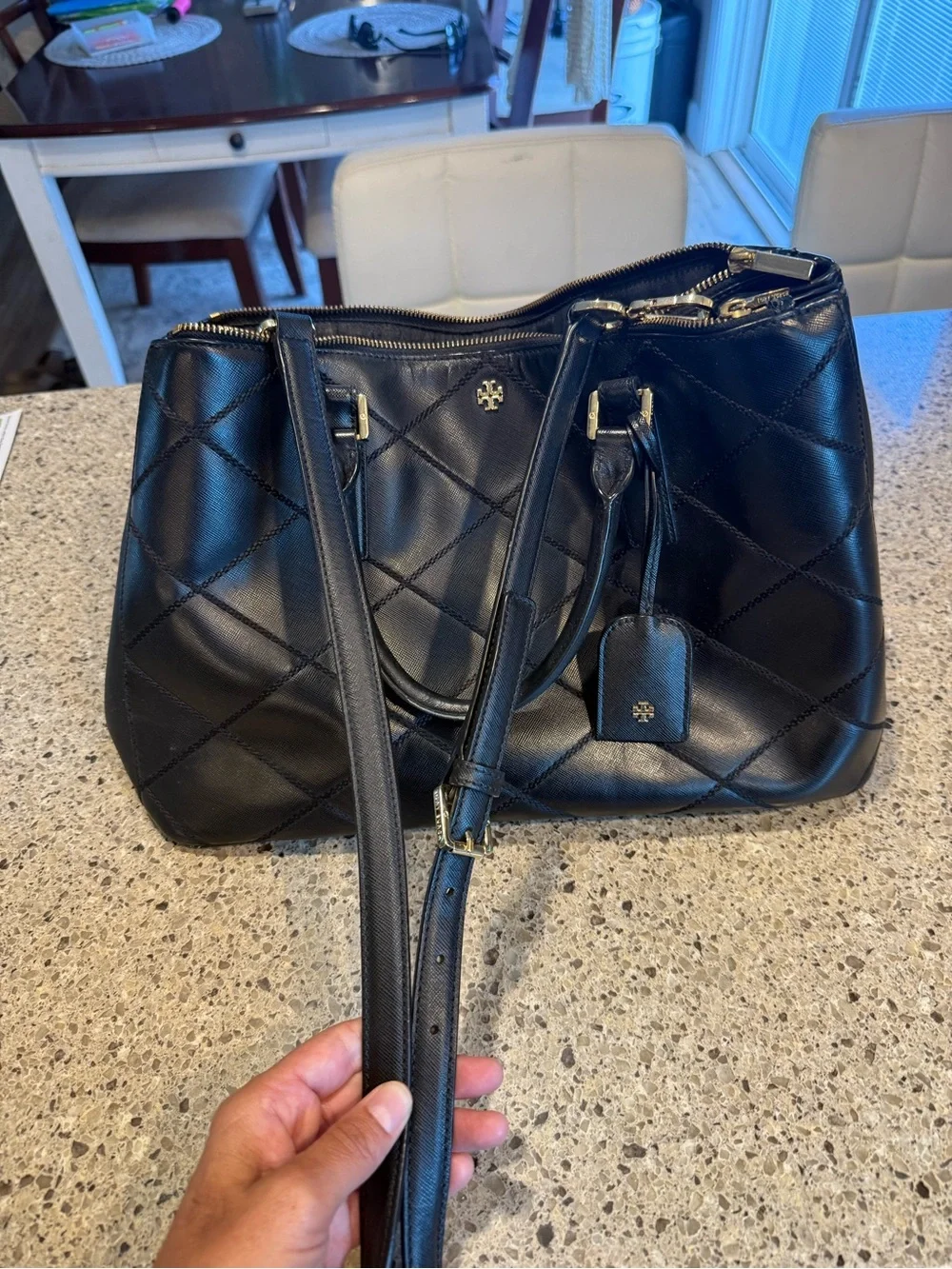 Tory Burch Robinson Black Quilted Satchel with Gold Hardware